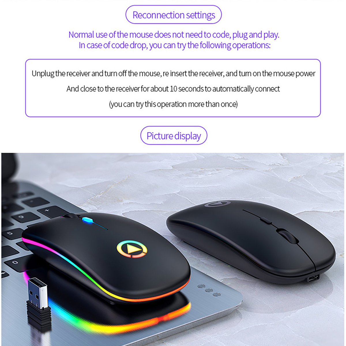 ANKNDO Wireless Mouse Bluetooth RGB Rechargeable Mouse for PC Computer Laptops Silent Mause LED Backlit Ergonomic Gaming Mice