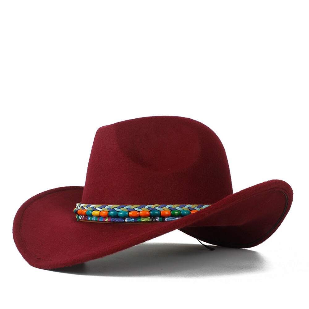 Dam ull ihålig western cowboyhatt roll-up brätte dam outblack sombrero hombre jazz keps storlek 56-58: Vin, röd