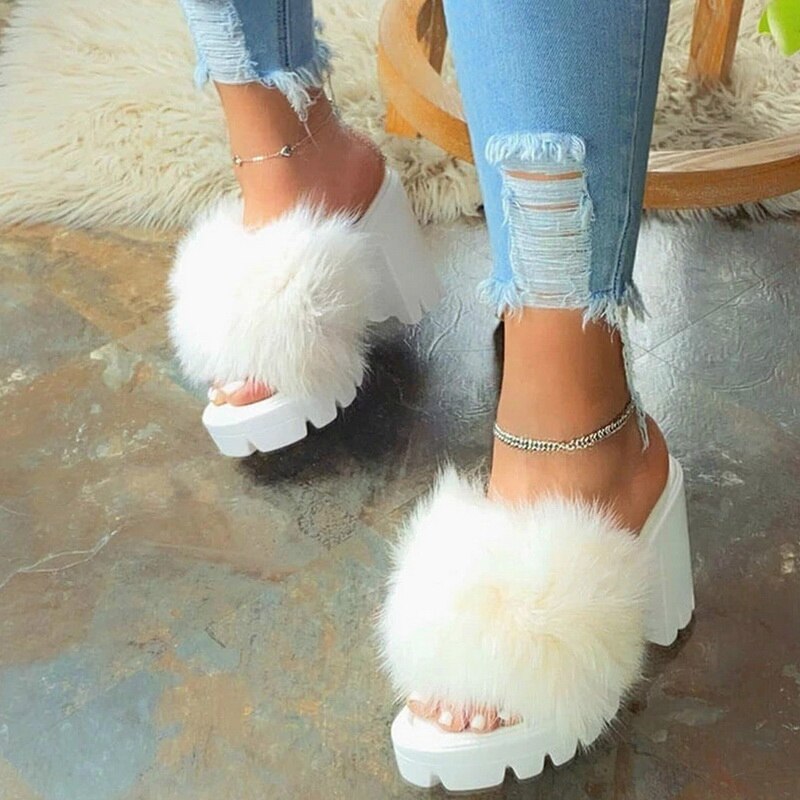 Plus Size 43 Women Furry Sandal Ladies Shoe Cute Plush Fluffy Sandals High Heels Platform Outdoor Slippers Zapatillas Casa Mujer