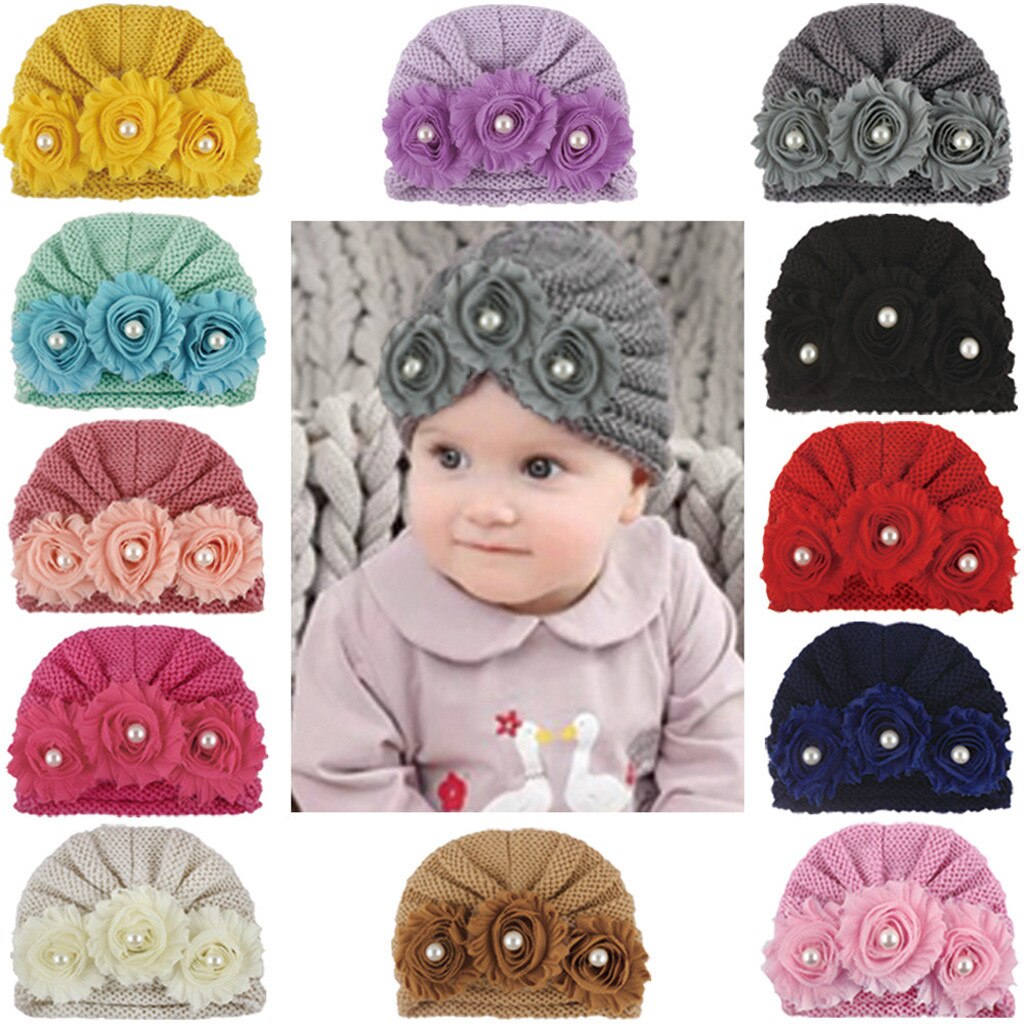 Grote Bloem Gebreide Baby Meisje Hoed Herfst Winter Warm Kids Baby Winter Hoed Effen Kleur Kindje Beanie Bonnet Enfant Kind hoed # P30