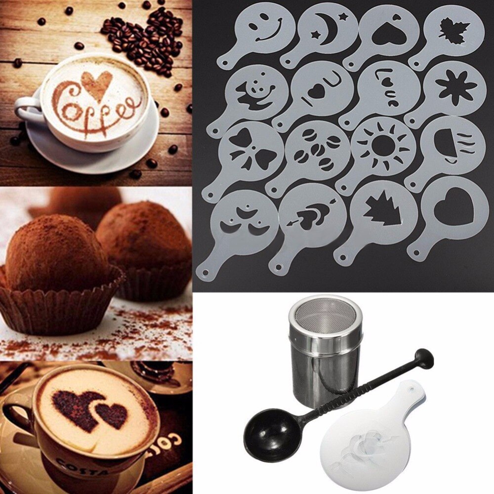 Stainless Steel Chocolate Shaker Duster + 16pcs Cappuccino Coffee Stencils + Measure Spoon Coffee Tea Tools