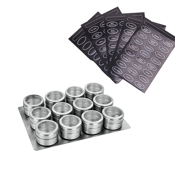 6/9/12 Pieces Magnetic Spice Jars Stainless Steel Salt Tins Pepper Shakers Spice Jar Rack Organizers Container With Base Labels: 12pcs