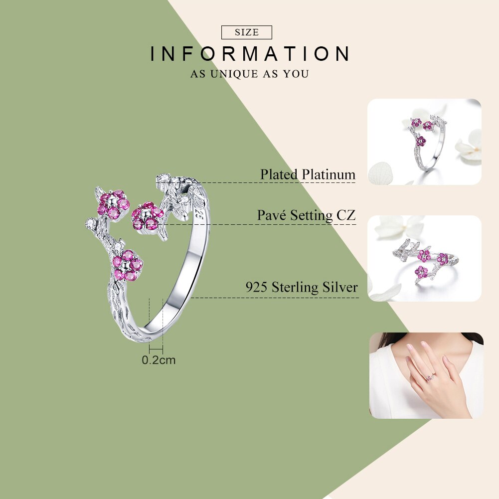 BAMOER 100% 925 Sterling Silver Winter Blooming Plum Flower Open Size Rings for Women Wedding Engagement Jewelry BSR022