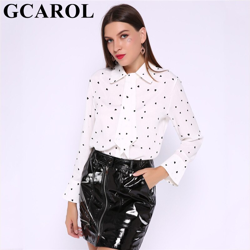 Gcarol kvinder sløjfe lille kærlighed trykt ol skjorte hvid sød chiffon bluse forår sommer basic perfekt toppe tøj