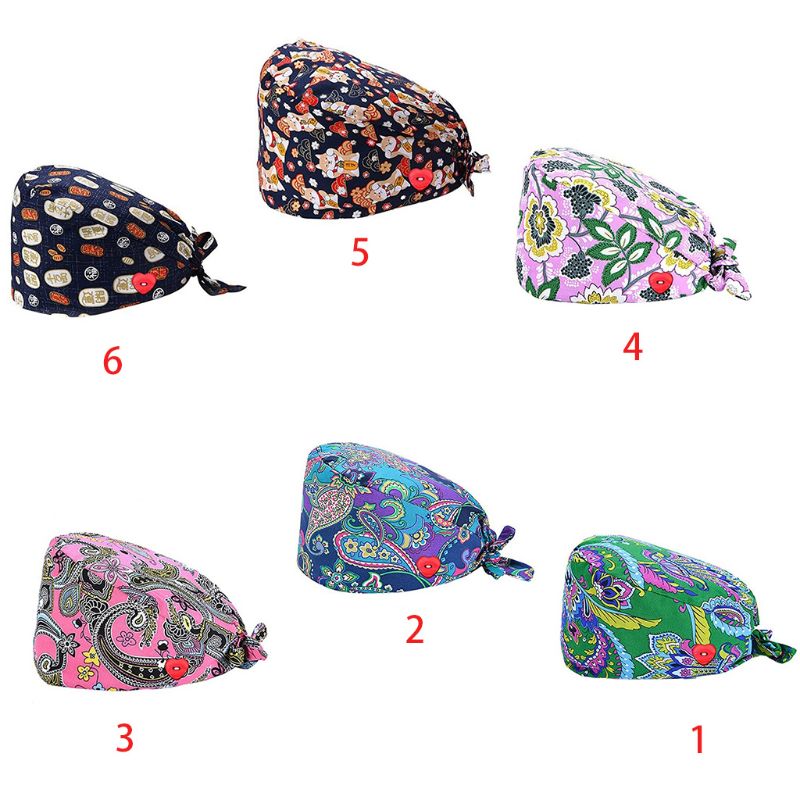 Women Ethnic Paisley Buttons Scrub Cap wtih Hair Ties Work Bouffant Hat F3MD