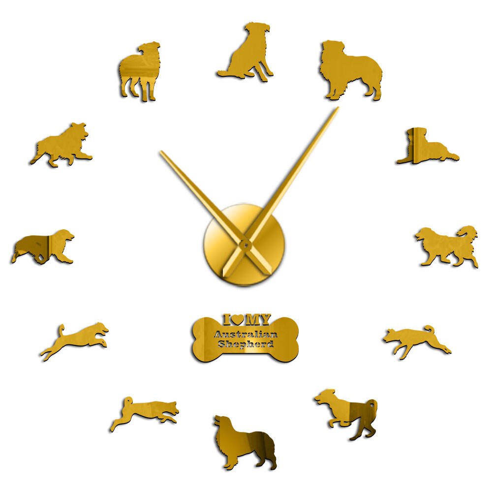 Reloj de pared de gran tamaño para perros pastor australiano, reloj de pared con autoadhesivo 3D de mascota perrito, retrato Beagle para amantes de los perros: Gold / 27inch