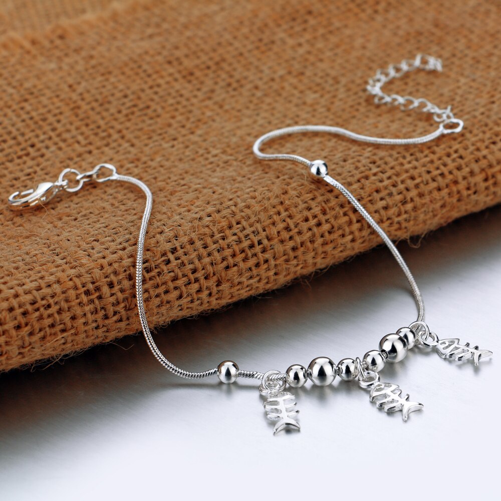 Di personalità di 100% 925 sterling silver Cavigliere dell&#39;osso di Pesci del pendente Braccialetti Dei Monili A Piedi Nudi Crochet Sandali a Piedi Per Le Donne