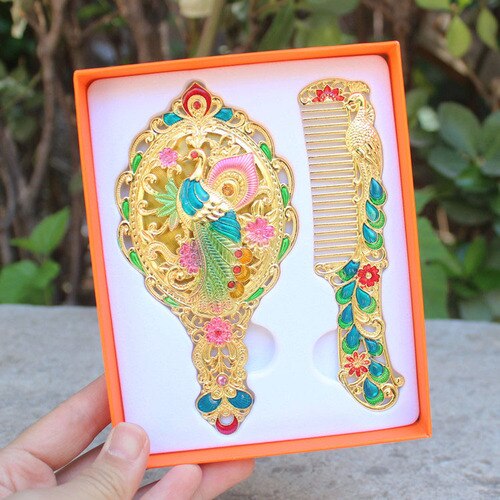 Travel retro makeup handle mirror comb set simple portable dormitory decor student mirror Peacock mirror LB41613: 1