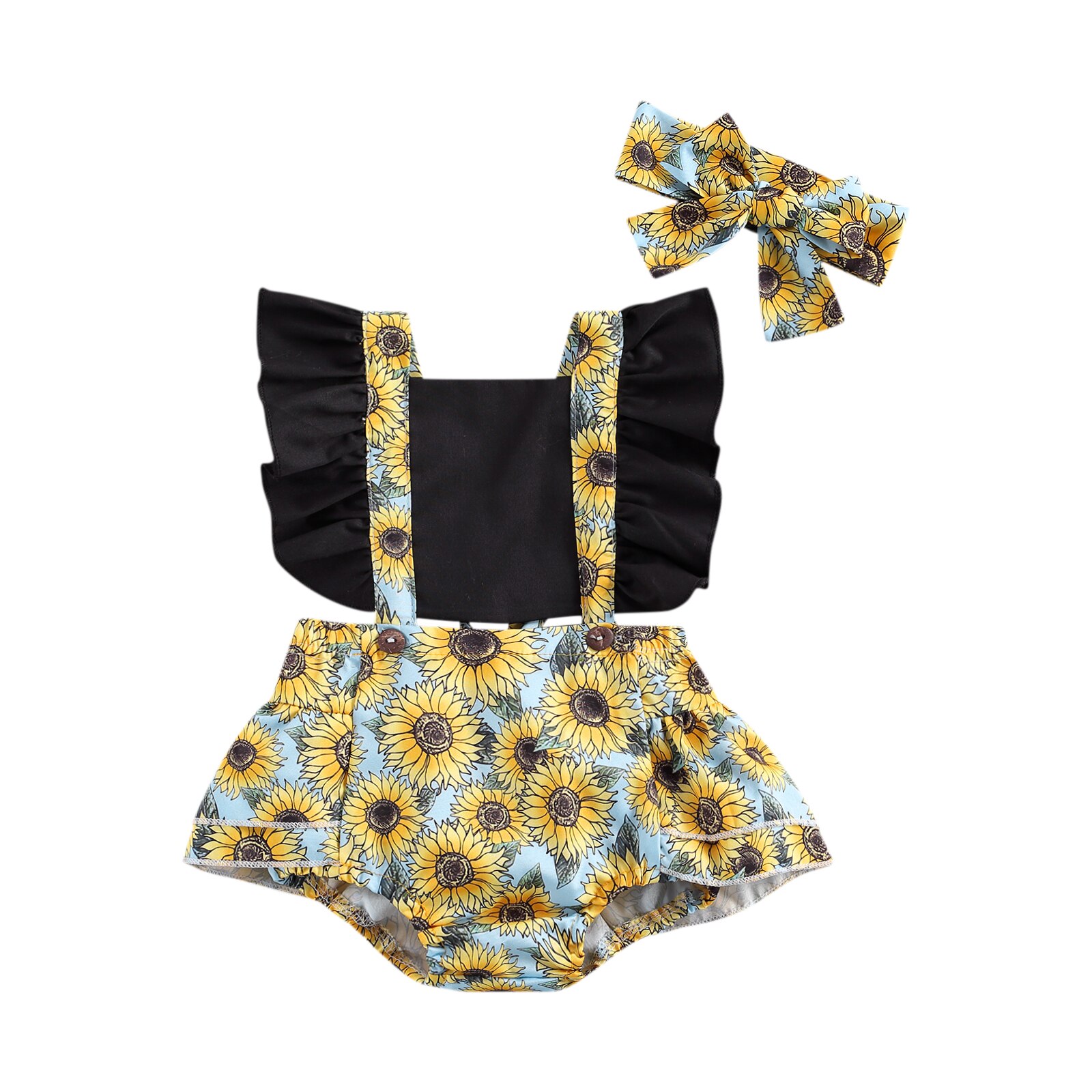 Focusnm 0-24m bebê recém-nascido meninas meninos bodysuits sunflowers impressão babados manga curta sem costas macacões bandana