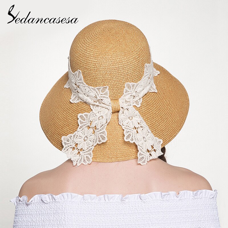 Summer Ladies Summer Straw Hat With Lace Sun Visor Wide Brim Hats For Women SW129002