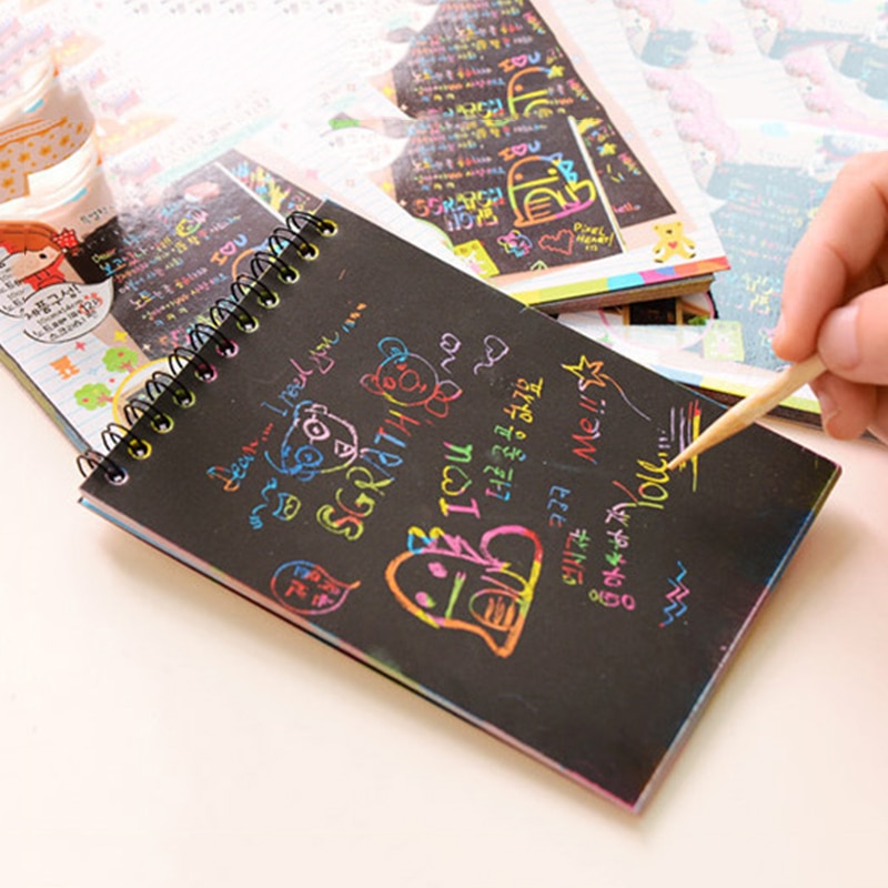 Zwart Papier Kleurrijke Scratch Opmerking Kinderen Creatieve Diy Schilderij Tekening Coils Boek Notebook Kid Doodle Papier Stijl Willekeurige