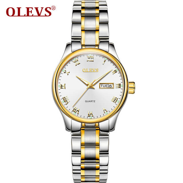 OLEVS Paar Horloge Paar Rvs/Lederen Dames Horloge Datum Lichtgevende Quartz Mannen Horloges Waterdicht Horloge: Women Steel White