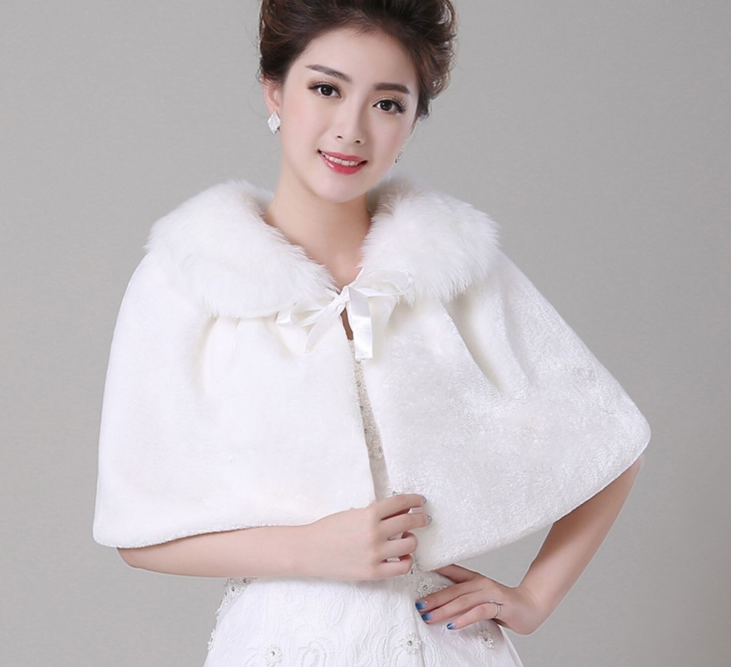 Faux Fur Shrug Cape Bridal Cape Wedding Cloak Women Shawl Bolero Winter Stole White Ivory: Default Title