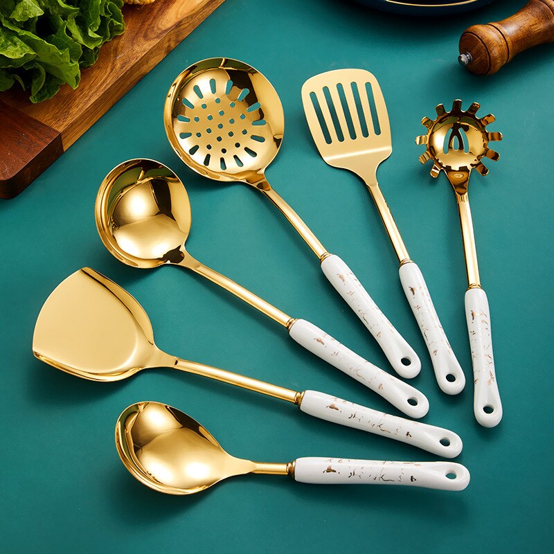 Dark green gold cooking pots set stainless steel cookware set non stick Spatula Shovel spoon kitchen utensils accessories set: White 6PC