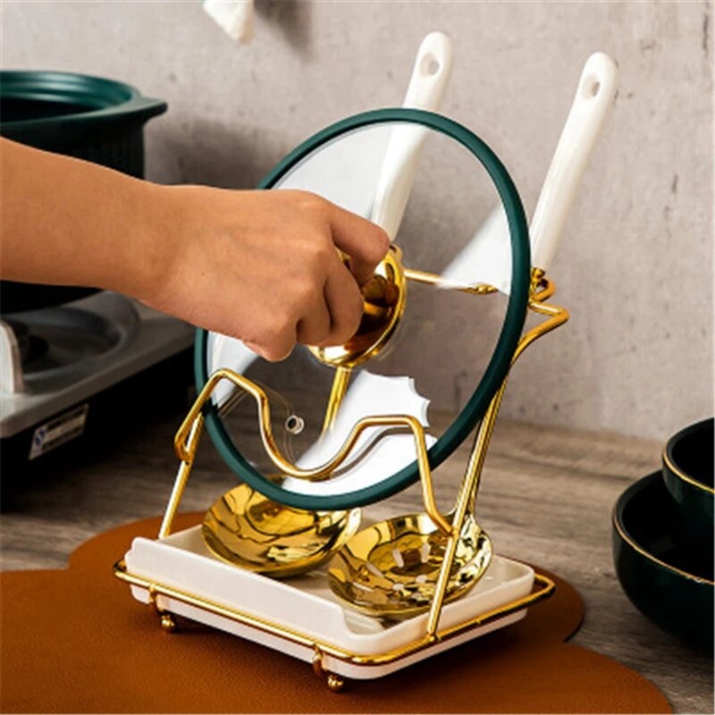 Kitchen Pot Cover Rack Organizer Pot Lid Shelf Cooking Storage Spoon Spatula Ladle Holder Cookbook Stand Home