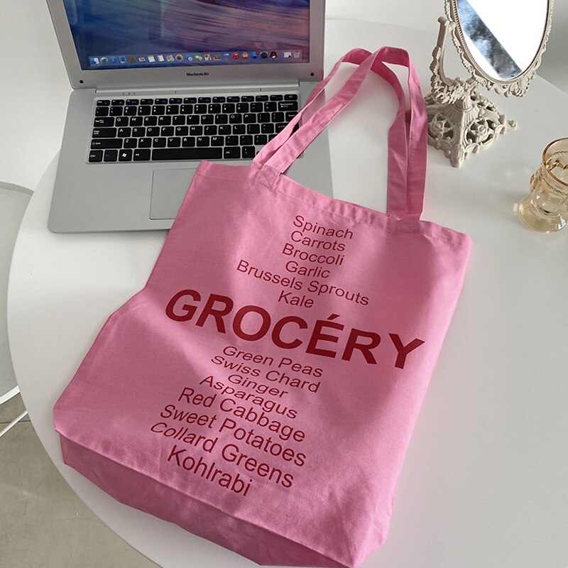 Ladies Canvas Shoulder Bag Female Pink Letter Printing Casual Tote Woman Simple Shopping Bag Student School Bag Girl Handbag
