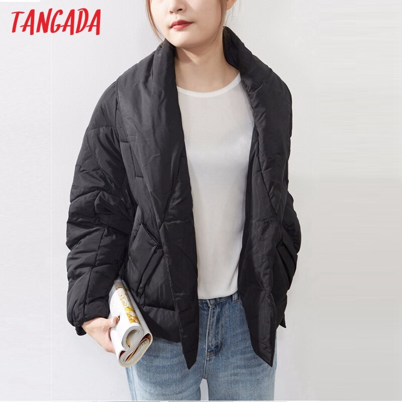 Tangada Women Solid Turn Down Collar Oversize Parkas Winter Female Coat Overcoat ATP5
