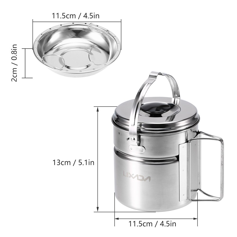 Lixada Outdoor Hiking Camping Cookware Set Stainless Steel Handle Camping Pot Cooking Tableware Picnic Set Pot Dinnerware