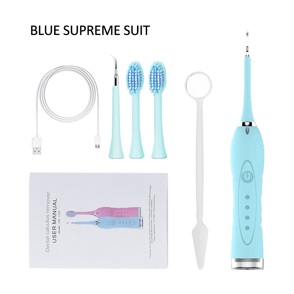 Electric Ultrasonic Sonic Dental Scaler Tooth Calculus Remover Cleaner Tooth Stains Tartar Tool Whiten Oral Cleaner Tooth Sonic: Blue  Set