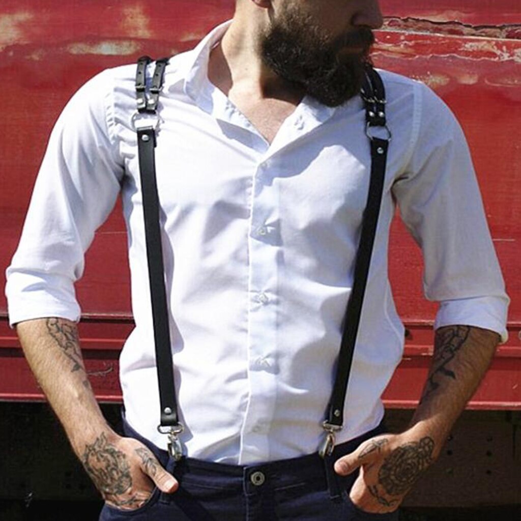 Bretelles en cuir artificiel pour hommes, bretelles en Y, Double épaule, ceinture à crochets