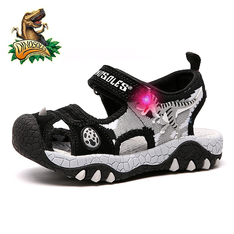 Dinoskulls sommarskor pojke lyser upp läder barn sandaler 3d dinosaurie barn strandskor led barn toddler sandaler: Svart / 27