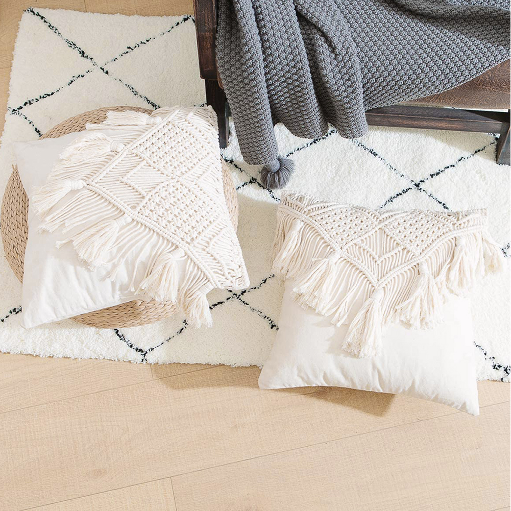 Housse de coussin décorative blanche pour canapé et banc, taie d&#39;oreiller carrée avec glands tissés, 45x45cm