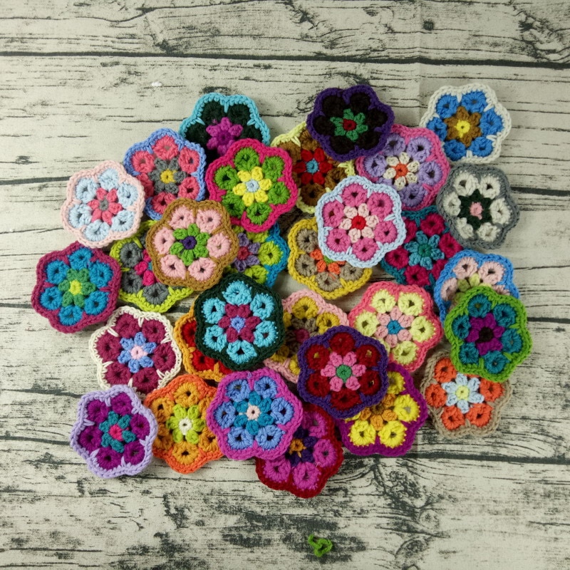 Dekoration virkade handdukar handgjorda virkade koppmattor flerfärgade blommor underlägg runda mattor 8cm ullkläder patch 30 st/