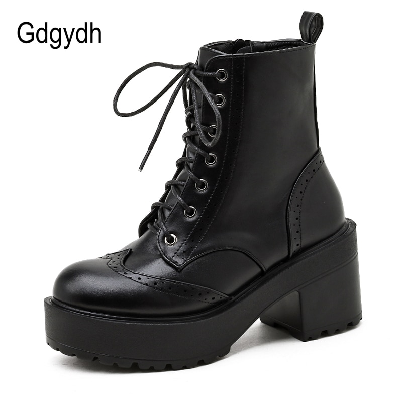 Gdgydh Chunky Heel Ankle Boots For Women Platform Solid Black Ladies Shoes Fashon Sewing Fretwork Female Motorcycle Boots