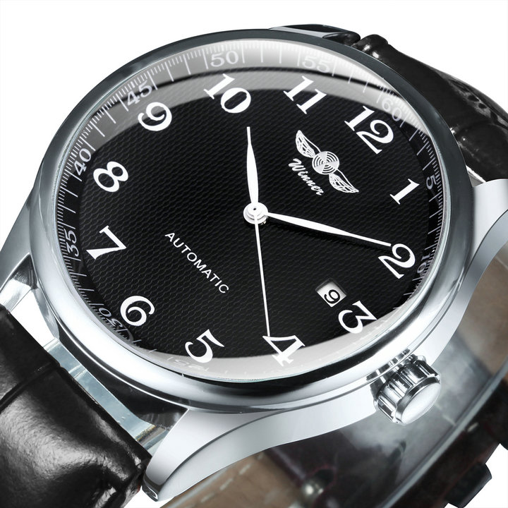 Winner Klassische Business-Armbanduhr für Herren, Retro-Kalender, blaue Zeiger, automatische mechanische Uhren, Top, Luxus-Stahl-Ledergürtel