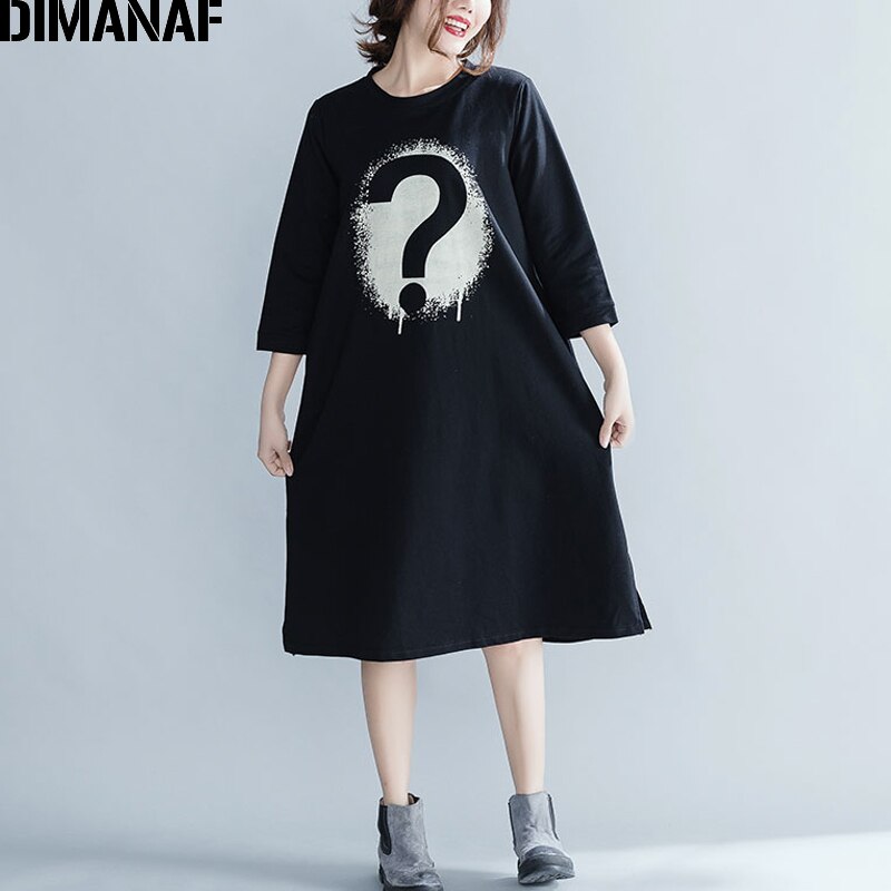 Dimanaf plus size höst kvinnor klänningar dam casual vestidos bomull tjocka tryck kvinnliga kläder lös grundläggande svart klänning