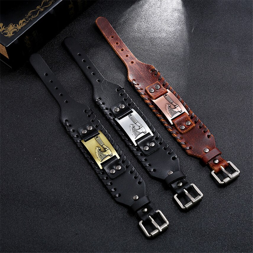 Adulto Medieval Cosplay pulsera de cuero Vintage Punk vikingo Ax guantelete pulsera brazalete Steampunk mediana edad Accesorios