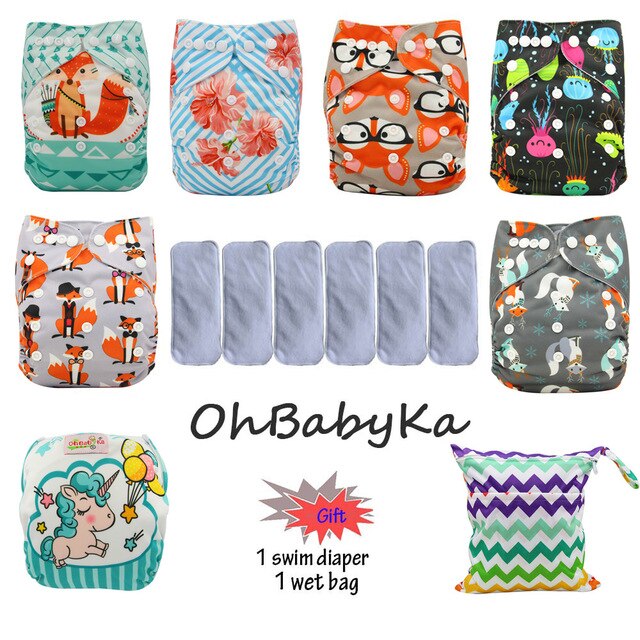 Ohbabyka Baby Cloth Diaper Couche Lavable Training Pants 6pcs Reusable Pocket Diaper Cover+6pcs Bamboo Insert Baby Nappies: 98
