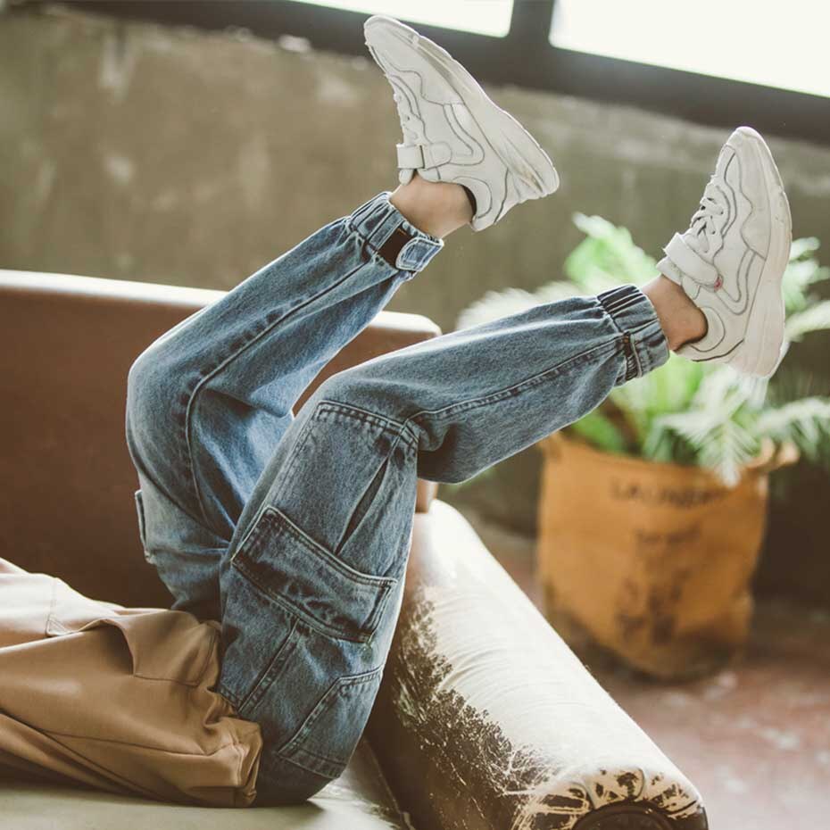 Drenge jeans solid cargo bukser børn jeans dreng elastiske talje jeans til drenge skole forår efterår afslappet jeans tøj til drenge