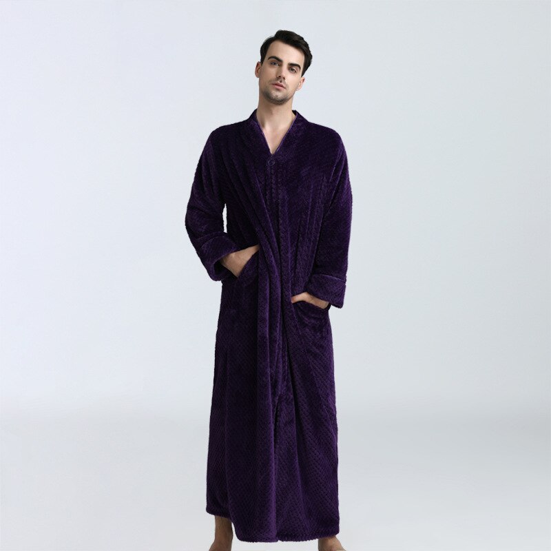 Menn glidelås sovekåpe ren farge dobbel dekk fortykket behagelig varm strikket langermet løs flanell myk pyjamas badekåpe: Lilla / Xl