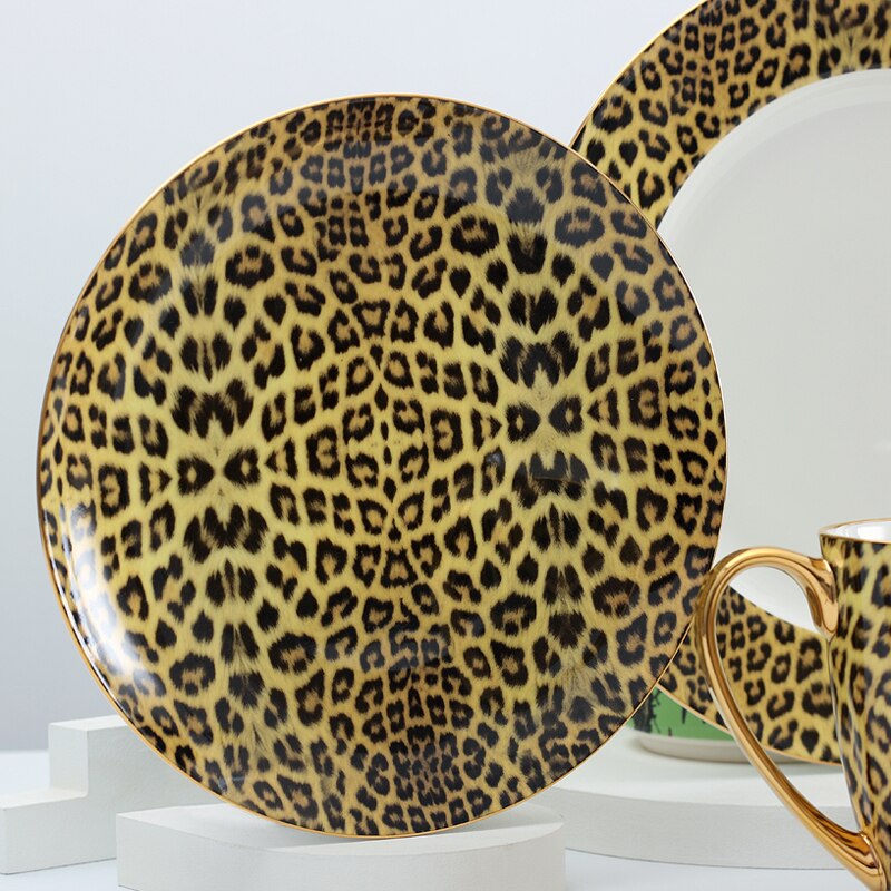 Porzellan Kaffee Tasse und Kaffee Tasse Erzähler einstellen Knochen China Geschirr Getränk Leopard drucken Luxus Steak Geschirr