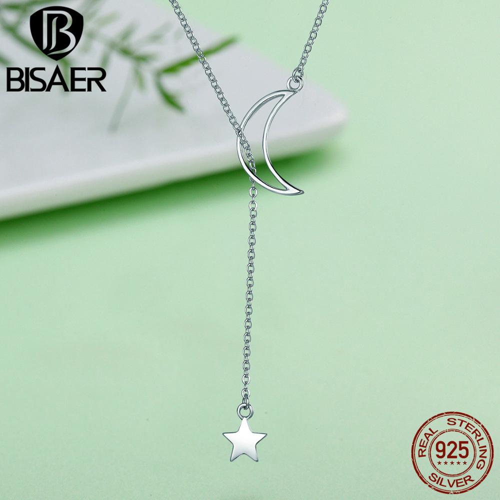 BISAER Authentische modisch 925 Sterling Silber Mond und Sterne Geschichten Kette Verknüpfung Lange Anhänger Halsketten für Frauen Edlen Schmuck GXN108