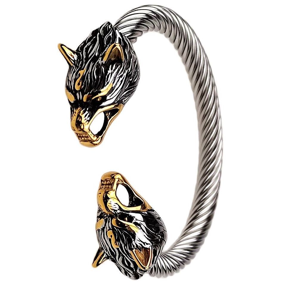 Heren Rvs Viking Wolf Armband Mix Goud Kleur Wolf Punk Bangle Biker Sieraden