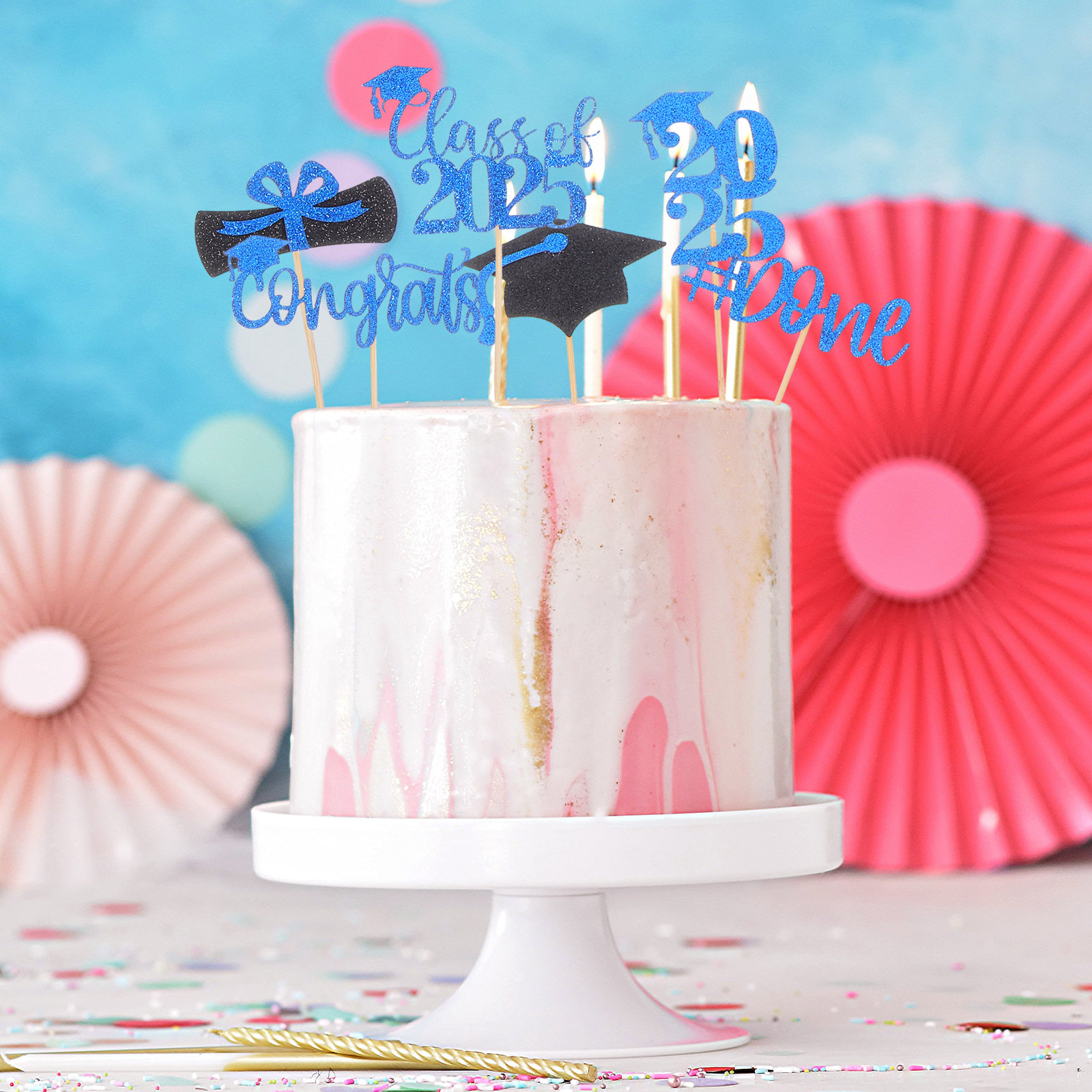 12Pcs Graduation Cake Toppers Class of Grad Cap Cupcake Picks Festive Glitter Versatile Dessert Decoration