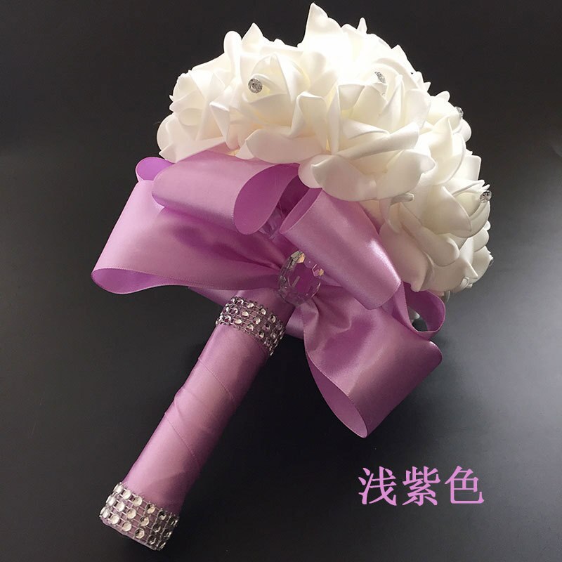 2022 Handmade Tiffany blue Bridal Bridesmaid Flower Wedding Bouquet Artificial Rose Ribbon Crystal Bouquets de noiva Beau: Light purple