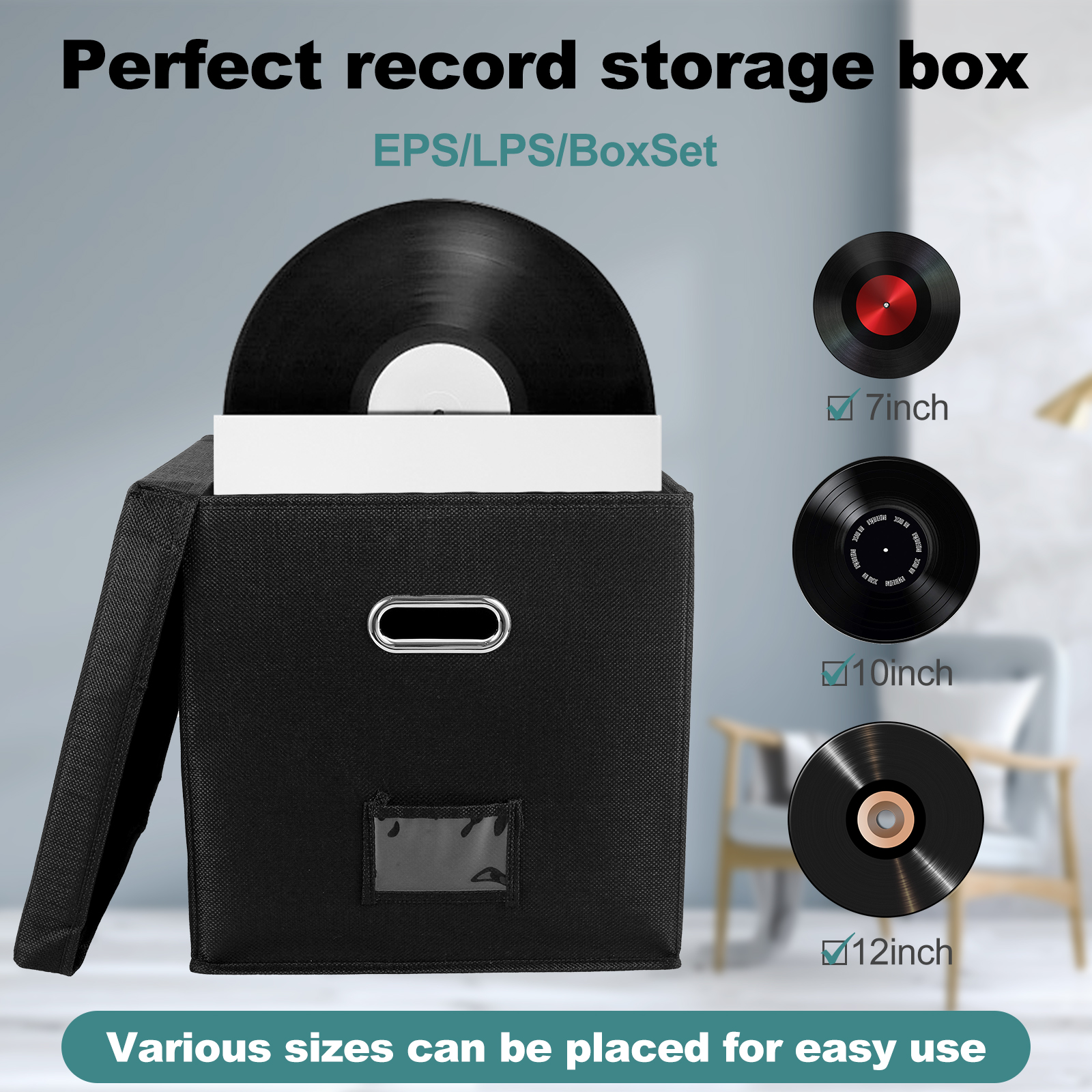Contenedor de almacenamiento de discos de vinilo plegable, caja organizadora de almacenamiento de álbumes apilable con tapa, capacidad para 50 álbumes, registro práctico para armario