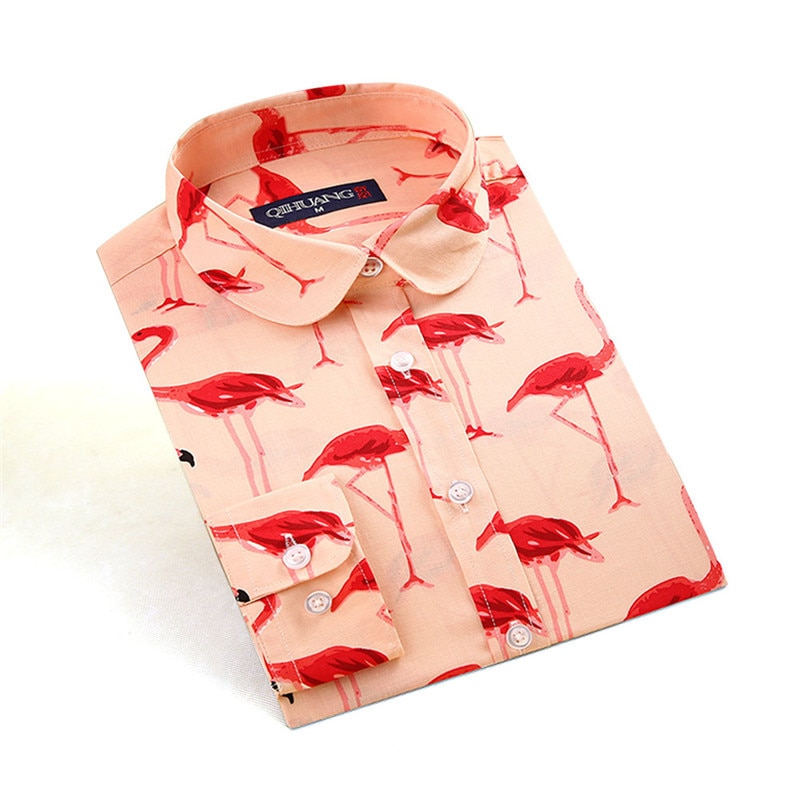 SISHION – chemisier en coton imprimé flamant rose pour femmes, manches longues, Vintage, chemises pour dames, VD1324