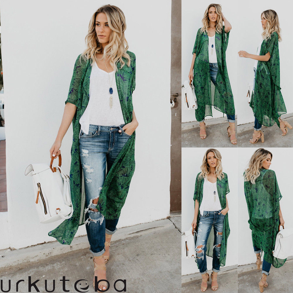 Vrouwen Chiffon Mode Lange Mouwen Beach Vest Jurk Dames Losse Cover Up Blad Patroon Tie Wrap Beachwear Lange Jurk