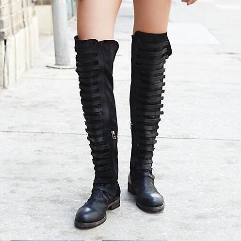 Top Army Green Long Boots Women Punk Style Flat Motorcycle Boots Patchwork Stretch Over The Knee Boots Womens