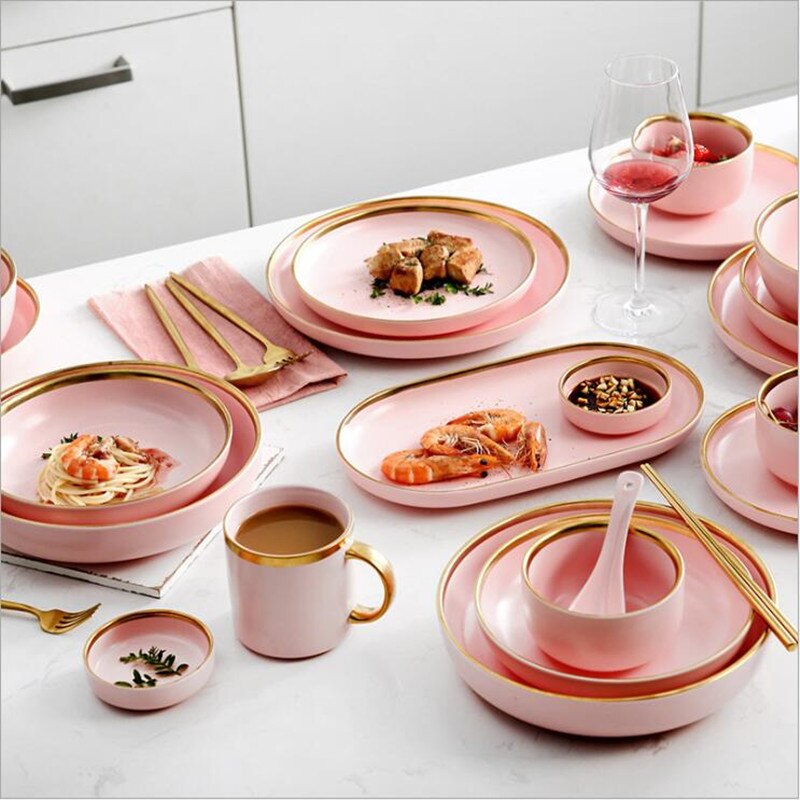 Porslinsmiddagstallrik Set Rosa Guld Kant Keramik Servis Maträtter Ris Sallad Nudlar Skål Mugg Bestick Set 1 st
