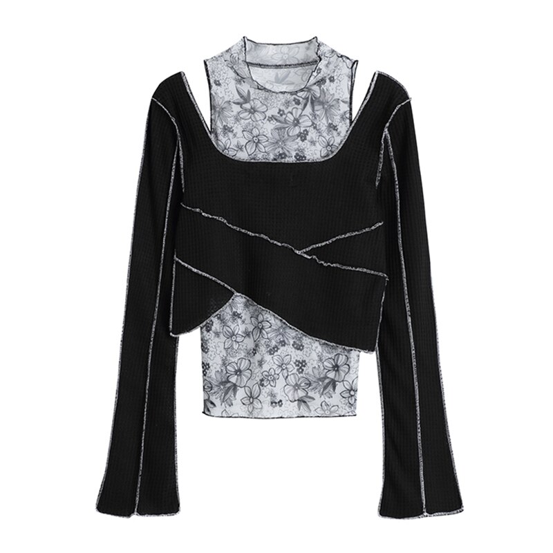 été 2 Pièces Ensembles Hauts Sexy Egirl Streetwear T-shirt Femmes Harajuku Grunge Rétro Soirée Mince de Barre de Club T-shirts Tenues Dames: M