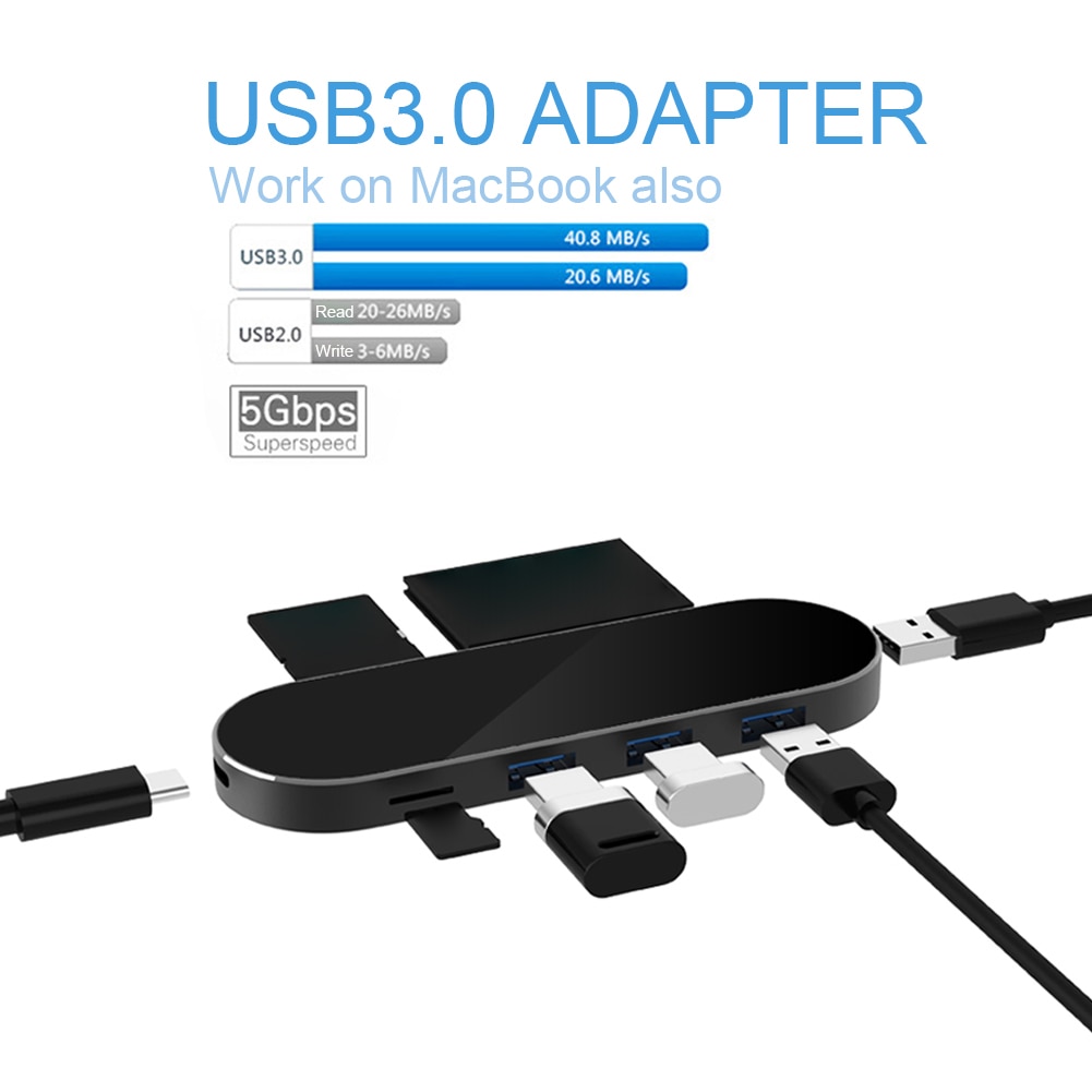 Usb-c para adaptador usb 7-em-1 tipo-c hub usb3.0 adaptador com 3 usb3.0, leitor de cartão sd/tf/cf, para macbook e mais