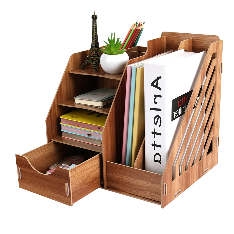 Wood Stationery Holders Multi Use Desktop Storage Paper Holder Stationery Organizer With Drawer Rack Office School Supplies