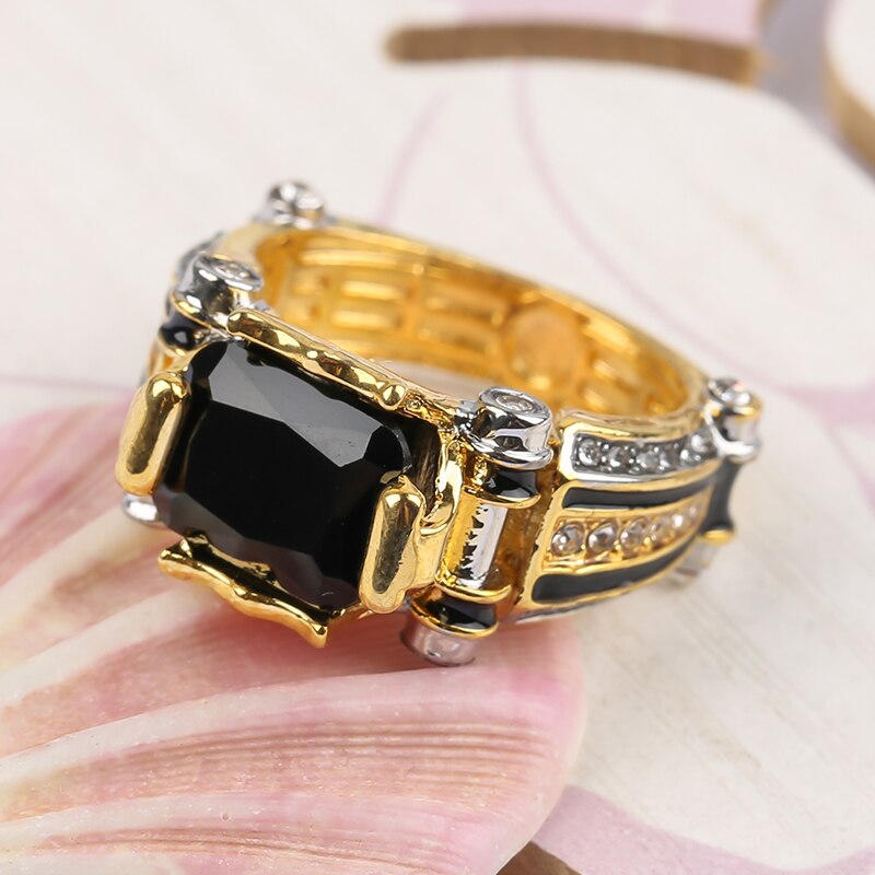 Luxury Classic Gold with Black Stone Men&#39;s Ring Steampunk Vintage Engement Lovly Wedding Male Trendy Jewelry F3T377