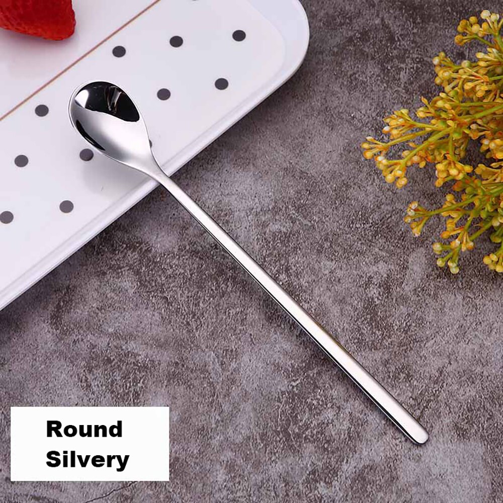 304 Roestvrij Staal Koffie Lepel Creatieve Plating Ijs Lepels Lange Steel Thee Lepels Keuken Gereedschap Drinken Bestek Kleurrijke: Round Silvery