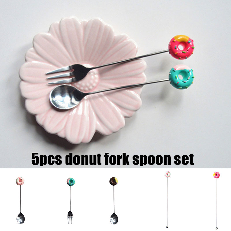 5pcs Kitchen Stainless Steel Doughnut Donuts Coffee Tea Spoon Set/Stirring Stick/Fruit Dessert Pastries Fork Set Donut fork spoo